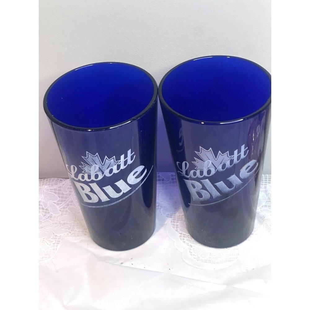 LABATT BLUE Pint Beer Drink Glass Cobalt Blue Libbey Made USA 16oz Set of Two